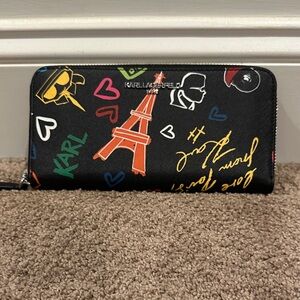 Karl Lagerfeld Black Graffiti Eiffel Zip Wallet with Multicolor Accents